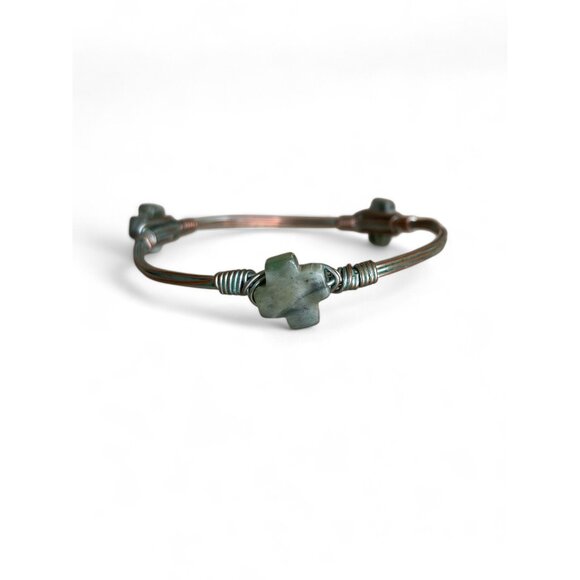 Handcrafted Wire Bangle With Green Jade Stone Cross Accents - Picture 2 of 4